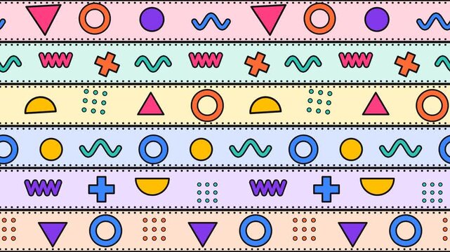 Retro Memphis pattern with colorful triangles, squiggles and circles sliding in horizontal pastel rows