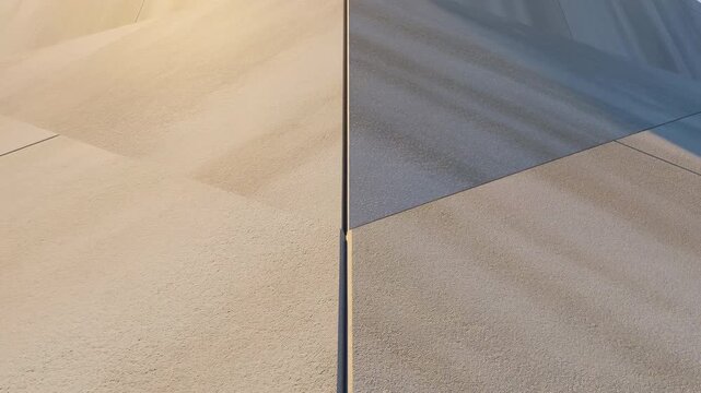 Textured building corner remains still as diagonal shadow recedes upward across gray wall panels beside warm sunlit beige facade, emphasizing geometric seams and rough exterior surfaces