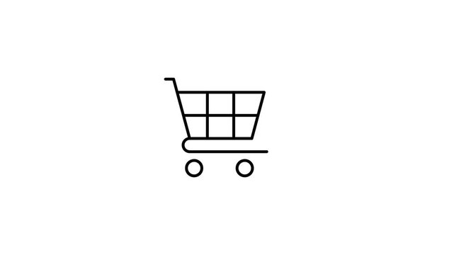 Animated shopping cart icon with rolling wheels on transparent background with alpha channel for ecommerce overlays and retail business