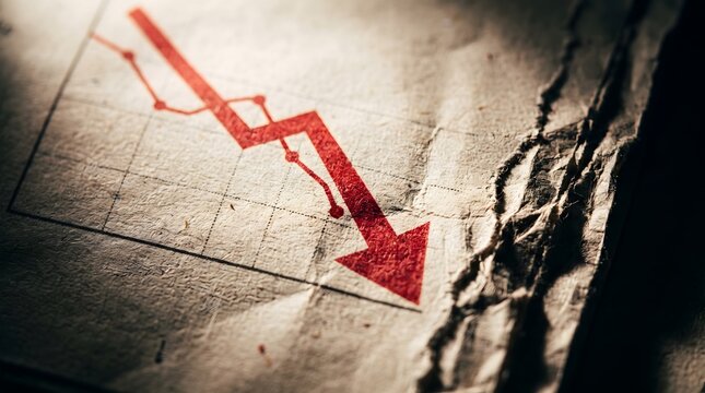 Red downward financial trend arrow on textured vintage paper background
