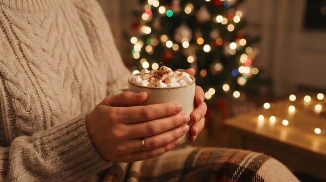 Hands holding hot chocolate with marshmallows by tree lights