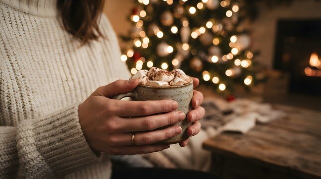 Woman holding hot chocolate in front of Christmas lights