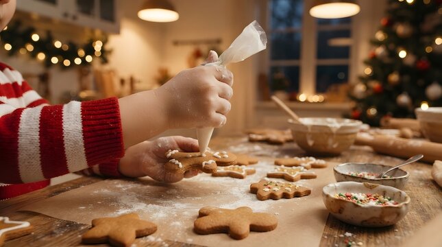 Child decorating gingerbread cookies in a warm kitchen