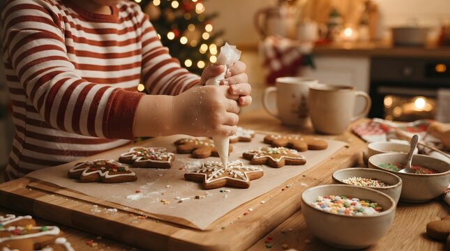 Decorating gingerbread cookies with icing and sprinkles