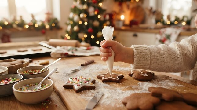 Hands piping icing on a star shaped Christmas cookie