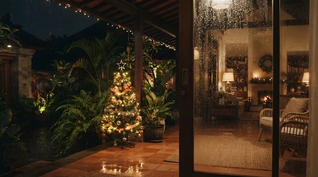 Rain on glass door with Christmas tree on terrace