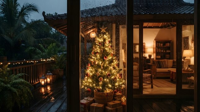 Christmas tree on a rainy tropical balcony at night