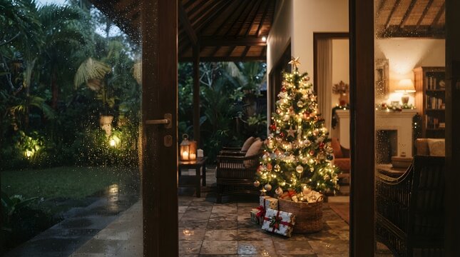 Christmas tree on a tropical terrace seen through glass