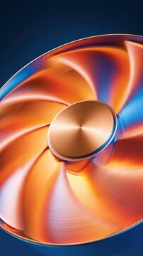 Metallic orange and blue fan blades in motion around brushed copper center hub, computer cooling component