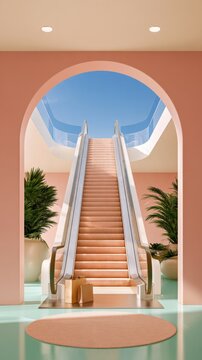 Modern escalator in pastel pink interior with shopping bags at base, framed by arched doorway and potted plants, retail environment design