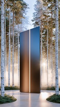 Lone black monolith structure with glowing vertical light line standing in smooth pine and birch forest outdoor scene