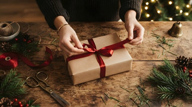 Tying a red ribbon on a kraft paper Christmas gift