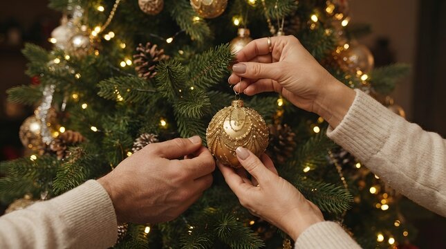 Two hands hanging a golden ornament with warm bokeh