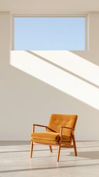 Single mid century designer armchair in mustard velvet with teak frame under sunlit window in minimalist white interior, vintage furniture concept