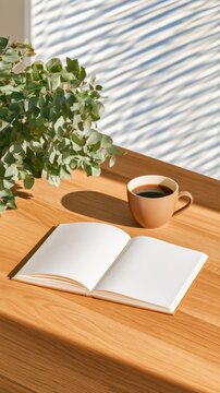 Open blank pages of planner lying on wooden table beside beige coffee cup and eucalyptus branch, morning workspace setup
