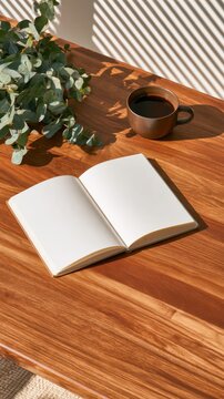 Flat lay scene with open blank planner lying on wooden table with crisp white pages next to coffee cup and eucalyptus branch for office stationary mockup
