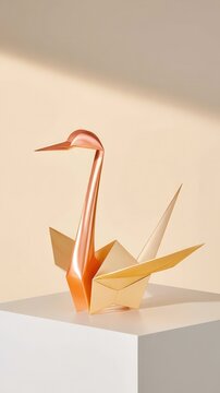 White pedestal holding copper and gold origami crane folded from thin metallic sheet with etched creases, decorative paper art