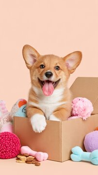 Cardboard box full of toys and treats on beige backdrop with fluffy corgi puppy inside, tongue out, for pet supplies sale concept