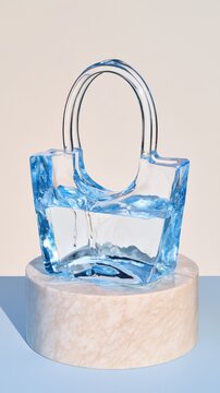 Cream marble pedestal with translucent blue carved ice shopping bag slowly melting on round plinth against beige studio background, frozen water sculpture and luxury concept