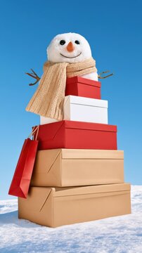 Knitted beige scarf and white snowman head perched on stacked colorful gift boxes against blue sky during winter season