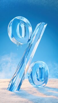 Ice sculpture of percent symbol standing upright on snow with melting droplets falling, symbolizing winter discount or freezing rates