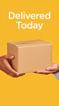 Yellow background with delivered today text, two hands holding plain brown cardboard parcel during handover, fast shipping and courier delivery concept