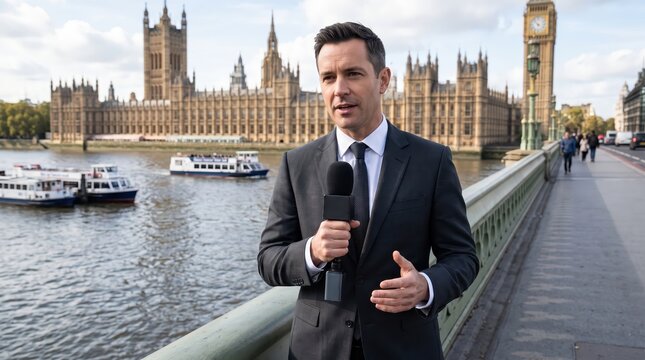Male reporter speaking into microphone on Westminster Bridge with Parliament and River Thames behind him. London news broadcast. Political journalism and current affairs.