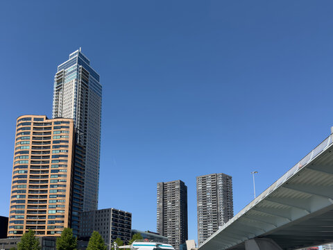 Modern waterfront towers beside Erasmus Bridge under blue sky in Rotterdam, Netherlands