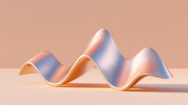 Abstract sculpted wave form with brushed aluminum texture and iridescent finish on pastel background representing sound concept