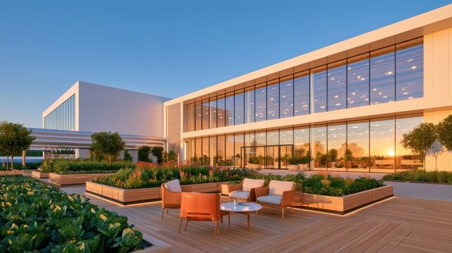 Rooftop terrace with raised garden beds and lounge chairs outside modern glass data center building at sunset