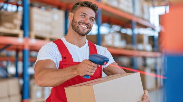 Warehouse interior, smiling male worker in red overalls scanning cardboard box barcode with handheld scanner, logistics process