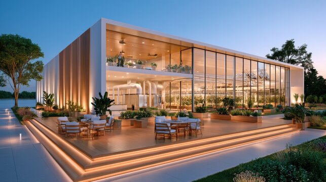 Wooden terrace with lounge furniture beside illuminated glass building with indoor greenhouse and ducts at dusk, sustainable data center architecture with waste heat reuse concept