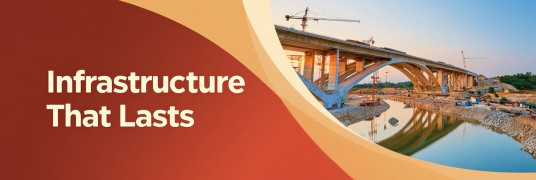 River landscape with concrete arch bridge under construction and yellow crane, infrastructure project