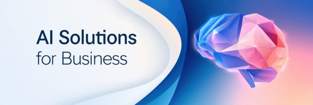 White background with blue curved shapes and colorful low poly brain representing artificial intelligence solutions for business