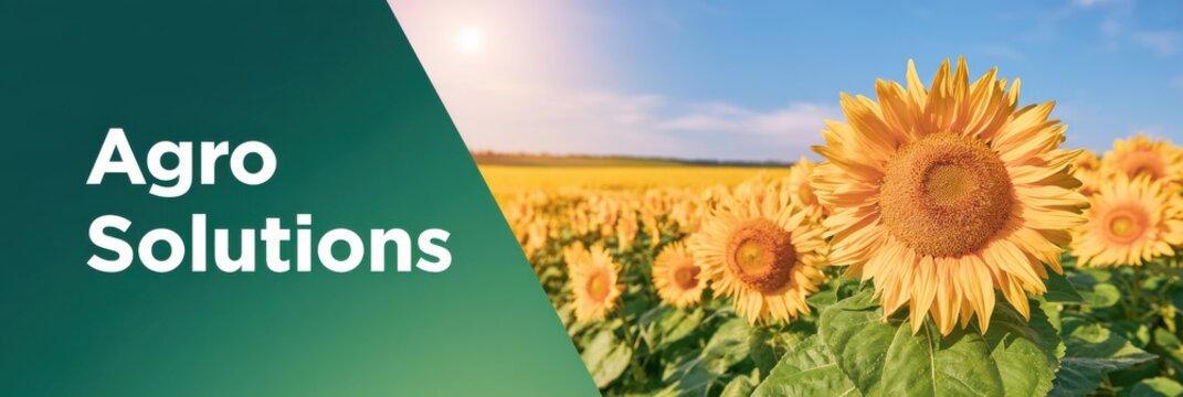 Bright sunflower field in summer sunlight with dark green diagonal banner panel and copy space on left, agricultural web header design