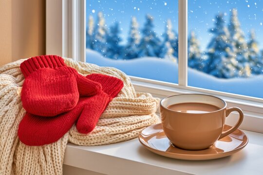 Red wool mittens and cream knitted scarf beside cup of cocoa on frosted windowsill with snowy forest outside, winter coziness