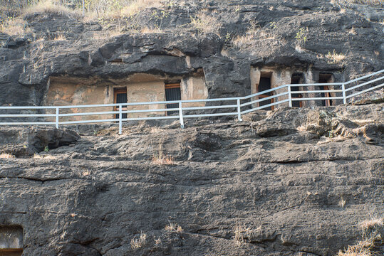 Amba-Ambika group of caves, a rock-cut caves of The Manmodi or Manmukud Caves complex, an unfinished Chaitya-cave and a number of ruined cells and viharas, Junnar, Pune, Maharashtra, India.