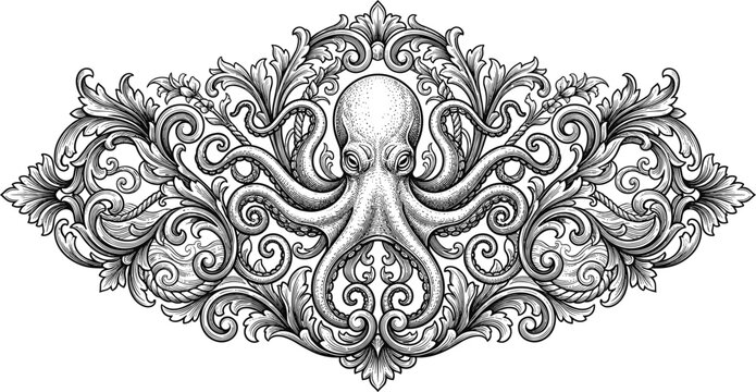Intricate baroque vignette framing a central octopus with tentacles interwoven among classic rococo acanthus leaf scrollwork