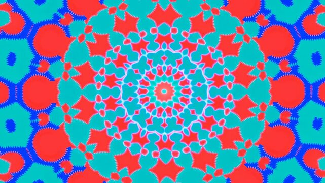 Turquoise and coral red kaleidoscope shapes morph around fixed center, forming concentric floral patterns with blue accents and glowing edges across vibrant abstract background