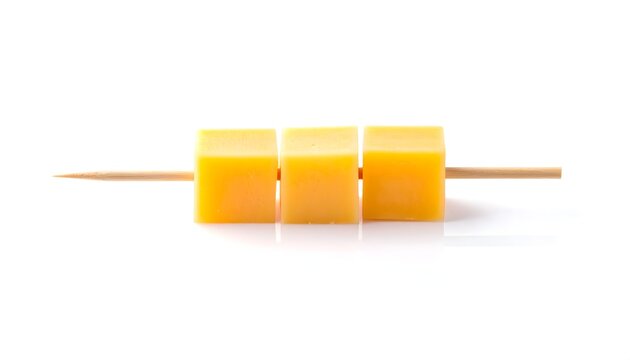 Cubos de queso amarillo ensartados en una brocheta sobre fondo blanco