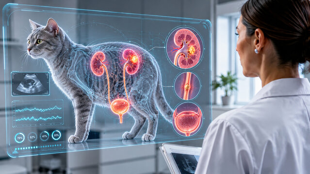Veterinarian examines cat urinary system on digital diagnostic display. Feline kidney and bladder health. Veterinary medicine and animal healthcare. Pet diagnostics and clinical technology.