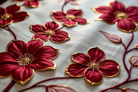 Embossed floral embroidery with gold accents on fabric background for luxury decoration