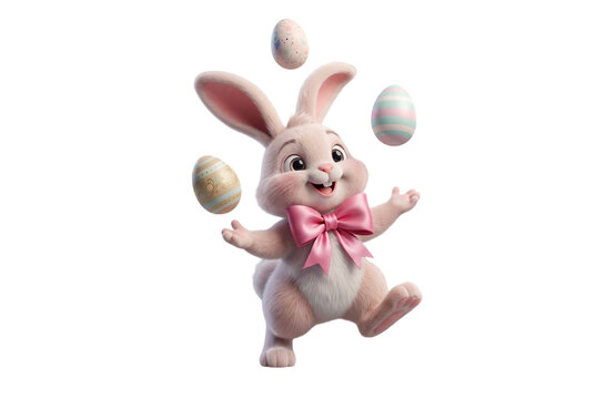 3d cartoon easter bunny juggling colorful eggs with a pink bow tie