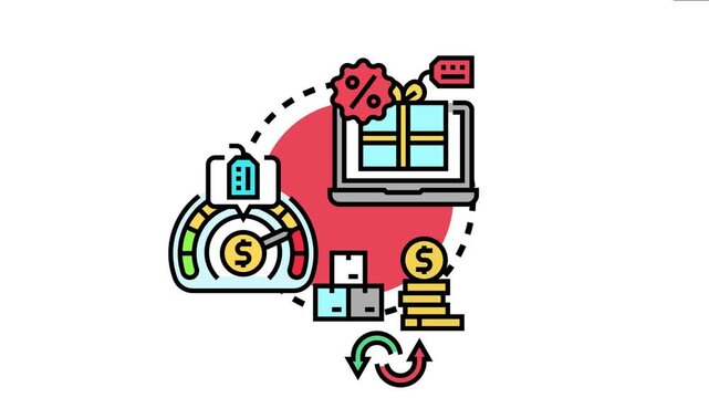 Online shopping offering discounts on merchandise and digital services, with a speedometer indicating price decrease and financial transactions moving towards customer savings