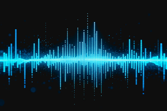 A glowing blue digital sound wave waveform visualization, with dynamic peaks against a dark, particle-dotted backdrop, representing audio frequency signals.
