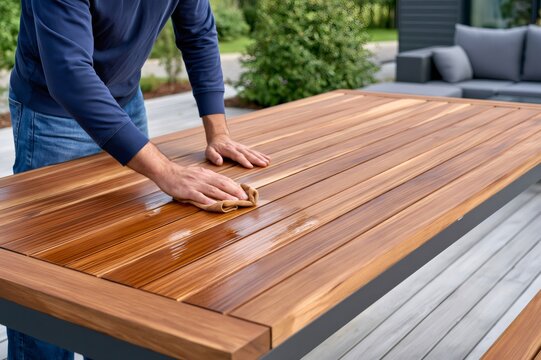 Man oiling an outdoor teak table for furniture maintenance