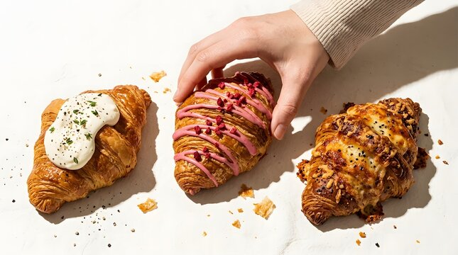 Hand picking a raspberry glazed croissant among three flavored croissants with cream and cheese toppings.