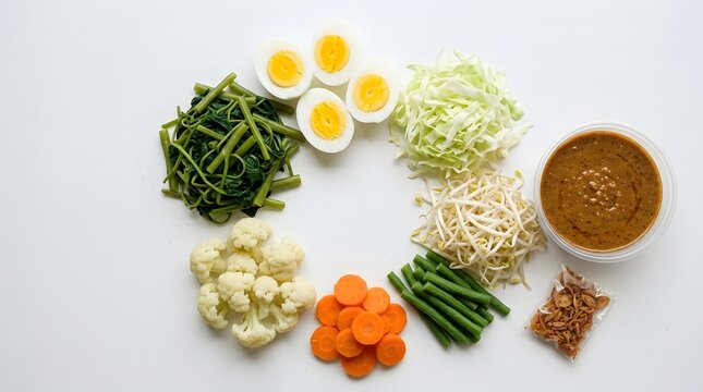 Indonesian gado-gado ingredients with boiled eggs, vegetables, peanut sauce and fried shallots, top view.