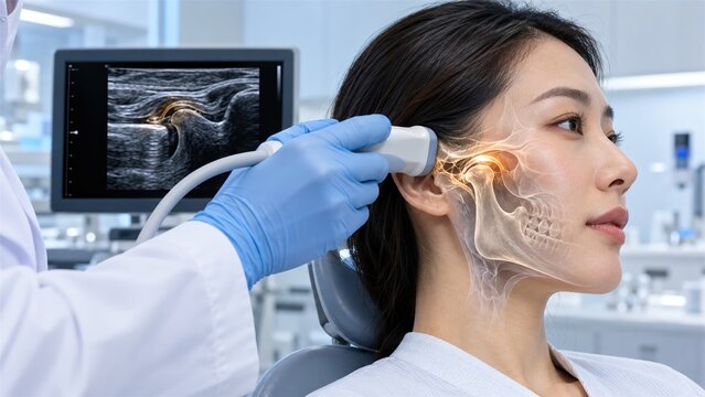Professional medical ultrasound scan of the temporomandibular joint in a dental clinic for diagnosis