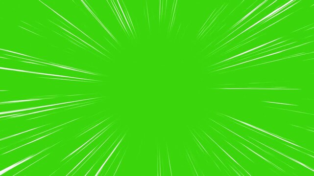 Dynamic manga fast speed lines on green screen background. Velocity line overlay radiating outward from center. Dramatic Radial Zoom Streaks moving like Flash Action. Thousands lines racing along.